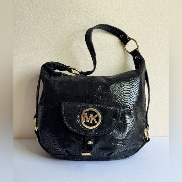 Michael Kors Black Snakeskin Leather Shoulder Bag - Picture 1 of 14